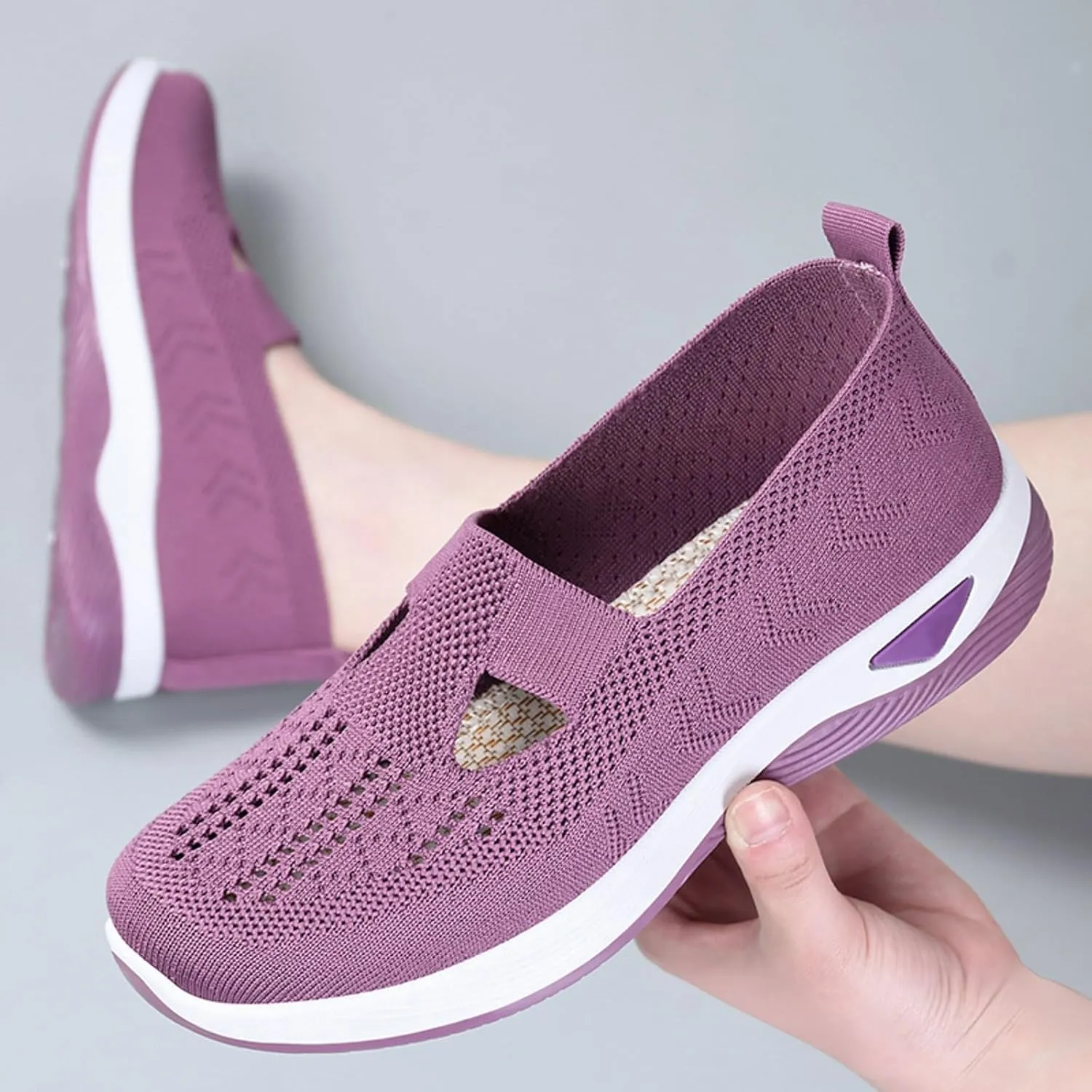 Womens Orthopedic Sneakers Comfortable Slip on Walking Shoes Mesh Breathable Lightweight Sneaker Non-Slip Woven Shoes with Arch Support