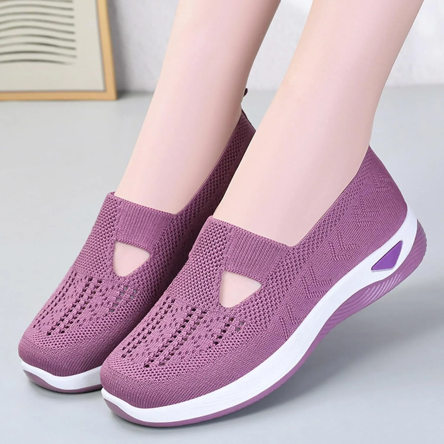 Womens Orthopedic Sneakers Comfortable Slip on Walking Shoes Mesh Breathable Lightweight Sneaker Non-Slip Woven Shoes with Arch Support