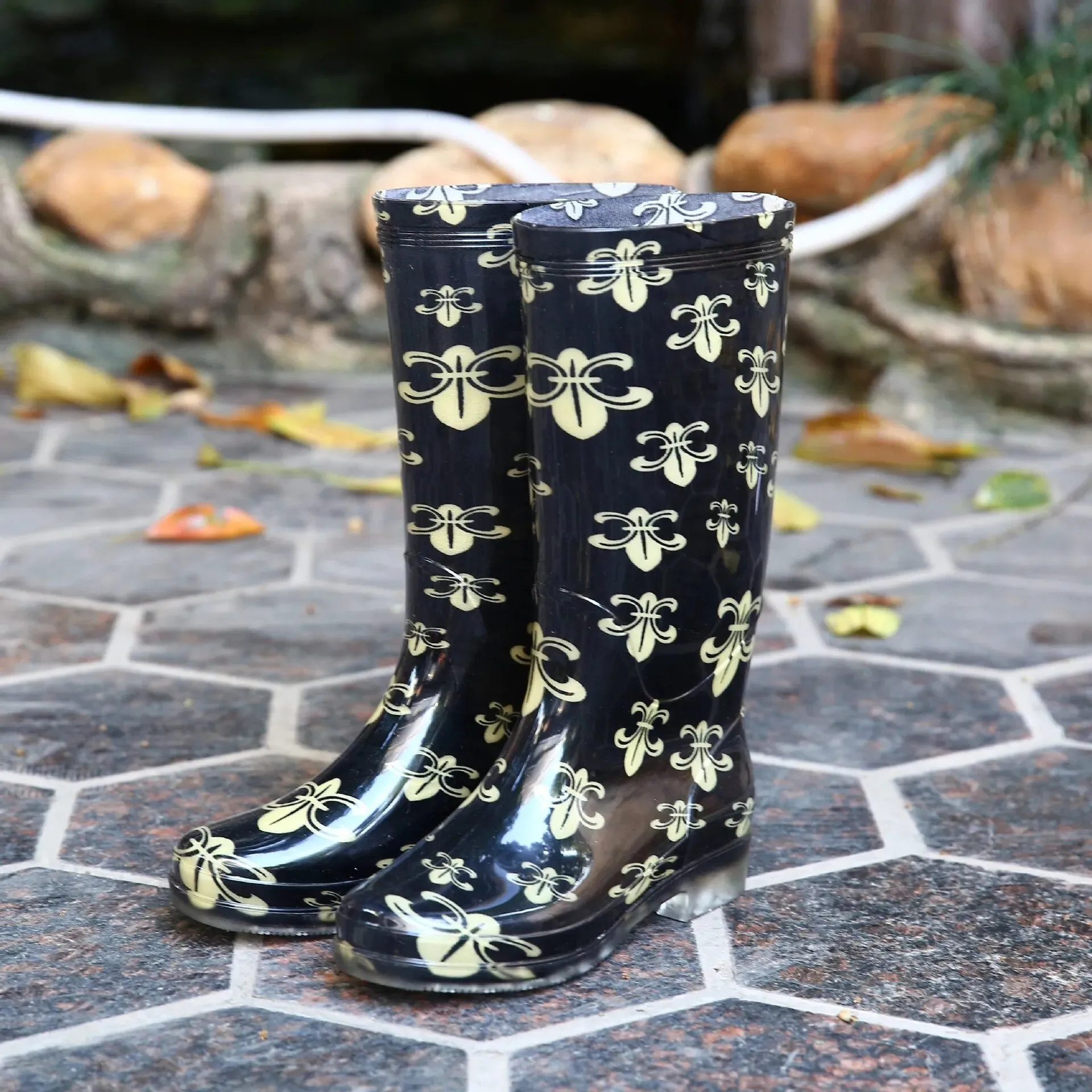 Womens Rain Boots Waterproof Female Summer Square Heel PVC Slip-on Print Fishing Wash The Car Ladies Shoes - WRB50122