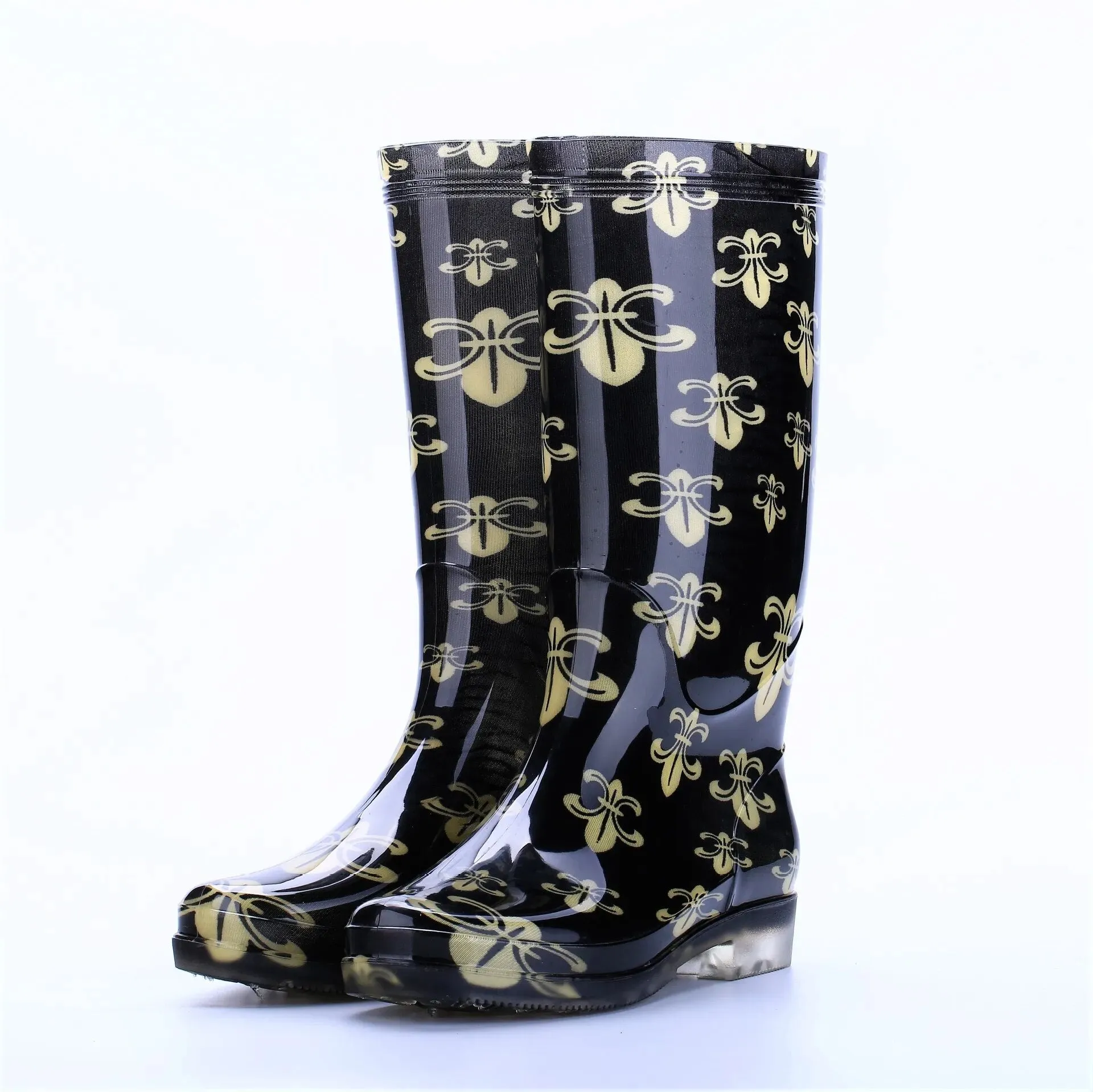 Womens Rain Boots Waterproof Female Summer Square Heel PVC Slip-on Print Fishing Wash The Car Ladies Shoes - WRB50122