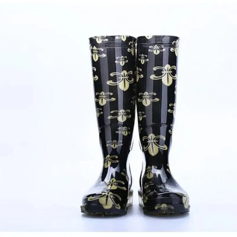Womens Rain Boots Waterproof Female Summer Square Heel PVC Slip-on Print Fishing Wash The Car Ladies Shoes - WRB50122