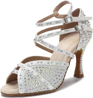Women's Rhinestone Ballroom Dance Shoes - Latin Jazz Sneakers Wedding High Heels, 10CM/3.9Inch Heel Height