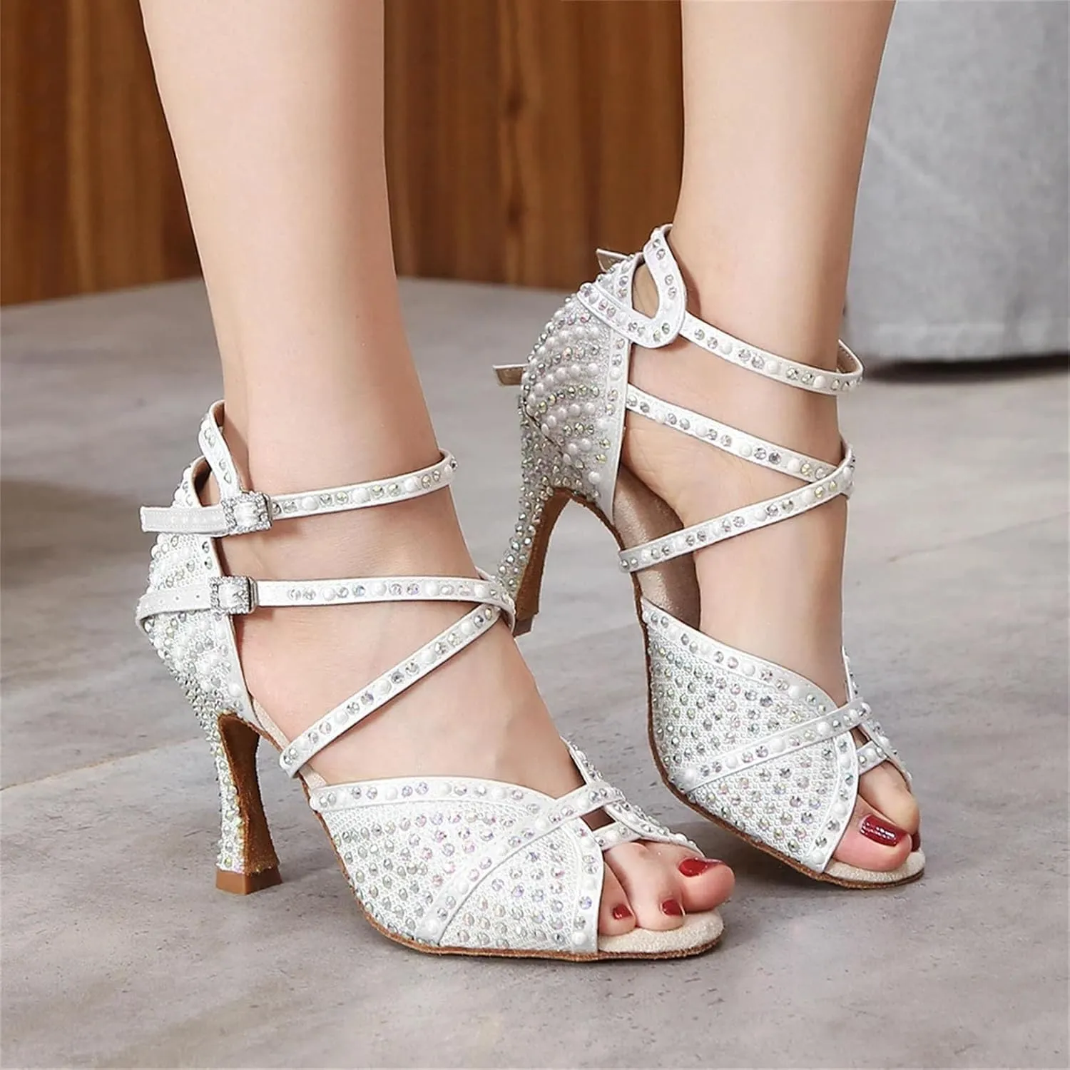 Women's Rhinestone Ballroom Dance Shoes - Latin Jazz Sneakers Wedding High Heels, 10CM/3.9Inch Heel Height