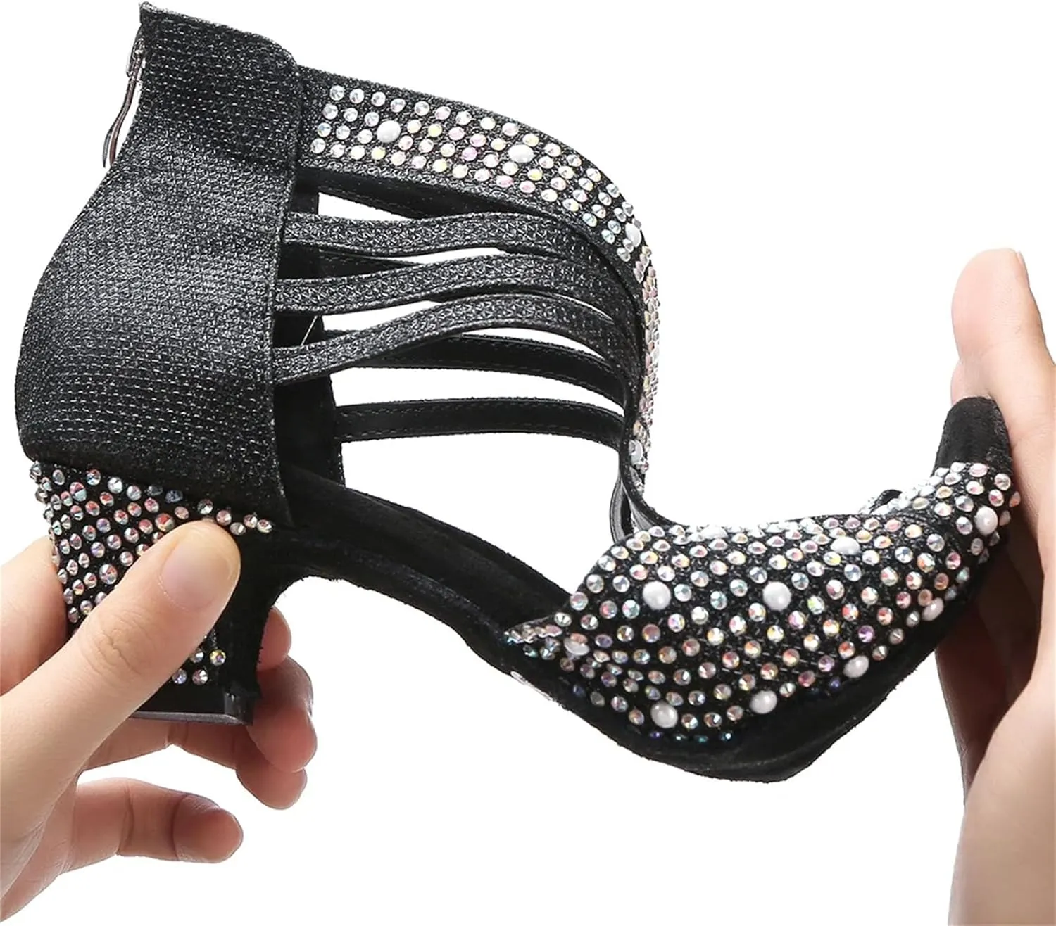 Women's Rhinestone Latin Dance Shoes - Ballroom Salsa Modern Soft Sole Party Sandals, 10CM/3.9Inch Heel Height