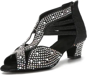 Women's Rhinestone Latin Dance Shoes - Ballroom Salsa Modern Soft Sole Party Sandals, 10CM/3.9Inch Heel Height
