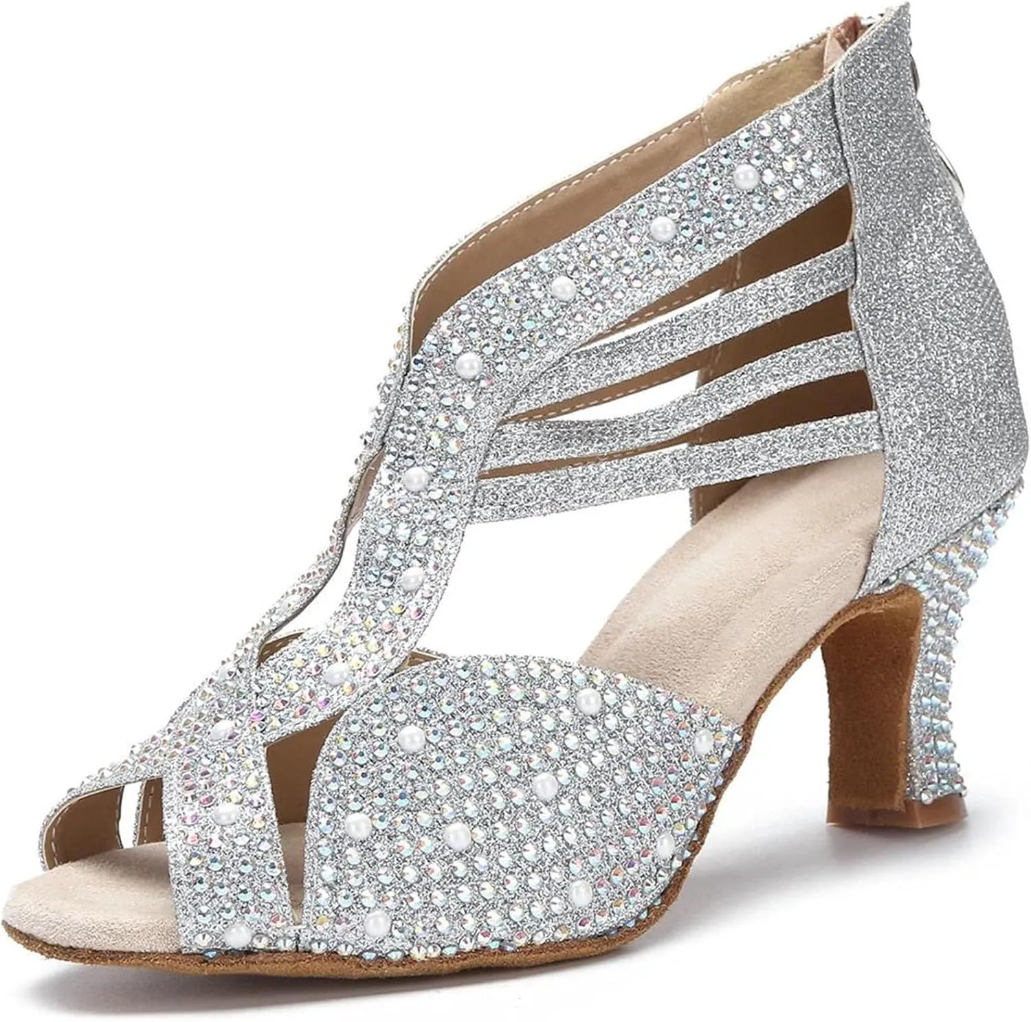 Women's Rhinestone Latin Dance Shoes - Ballroom Salsa Modern Soft Sole Party Sandals, 10CM/3.9Inch Heel Height