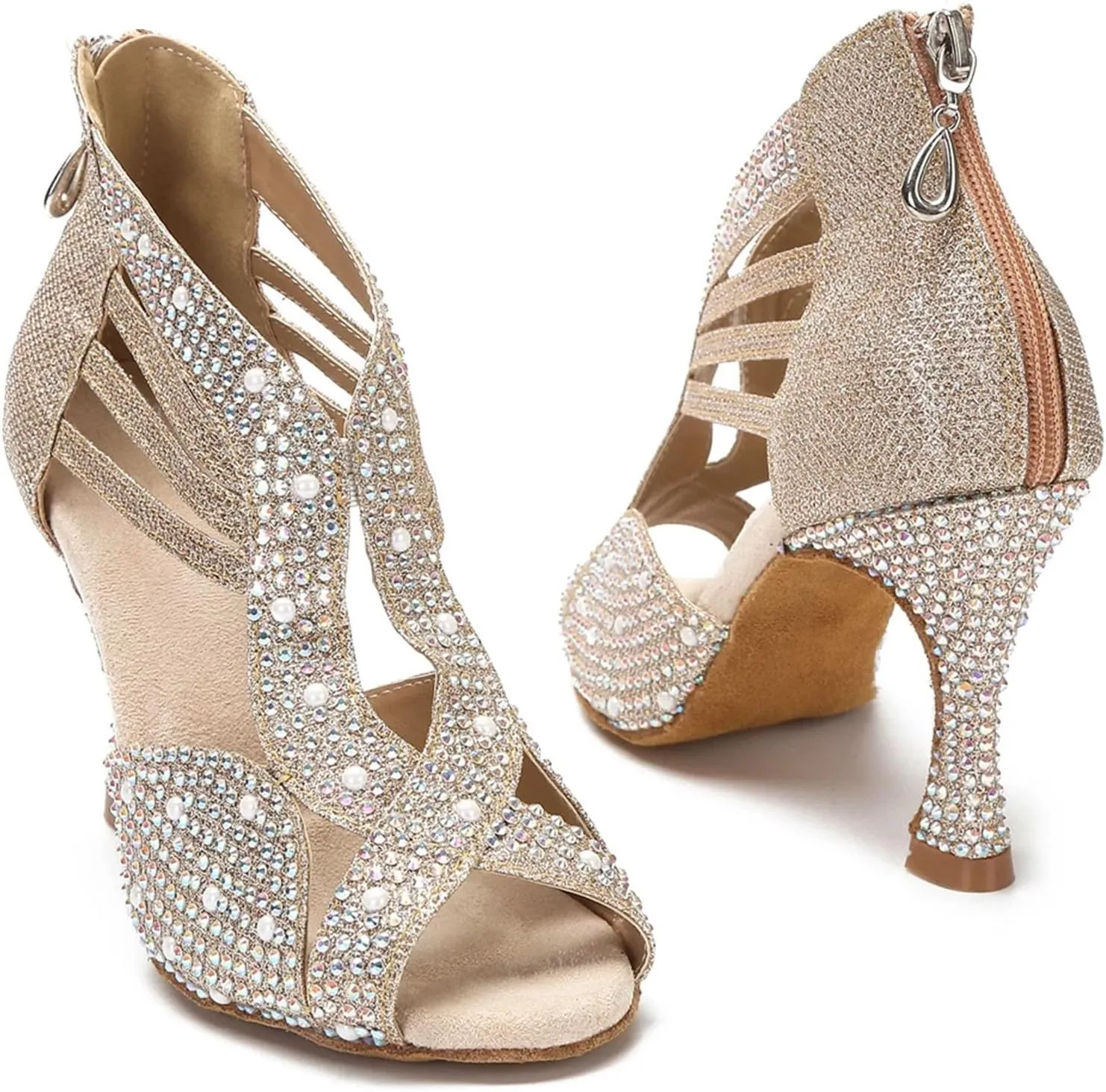 Women's Rhinestone Latin Dance Shoes - Ballroom Salsa Modern Soft Sole Party Sandals, 10CM/3.9Inch Heel Height