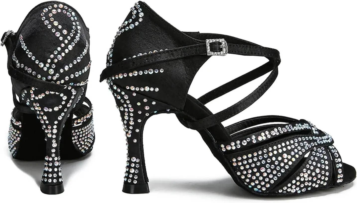 Women's Rhinestone Latin Dance Shoes - Ballroom Tango Chacha Salsa Party Soft Sole Wedding Sandals, 10CM/3.9Inch Heel Height