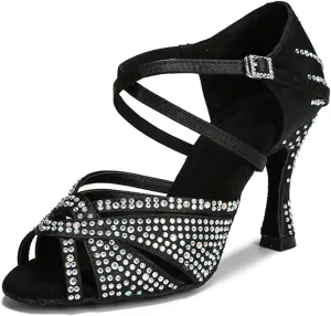 Women's Rhinestone Latin Dance Shoes - Ballroom Tango Chacha Salsa Party Soft Sole Wedding Sandals, 10CM/3.9Inch Heel Height