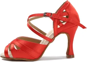 Women's Satin Latin Dance Shoes - Tango Salsa Rumba Ballroom Red Wedding Sandals, 10CM/3.9Inch Heel Height