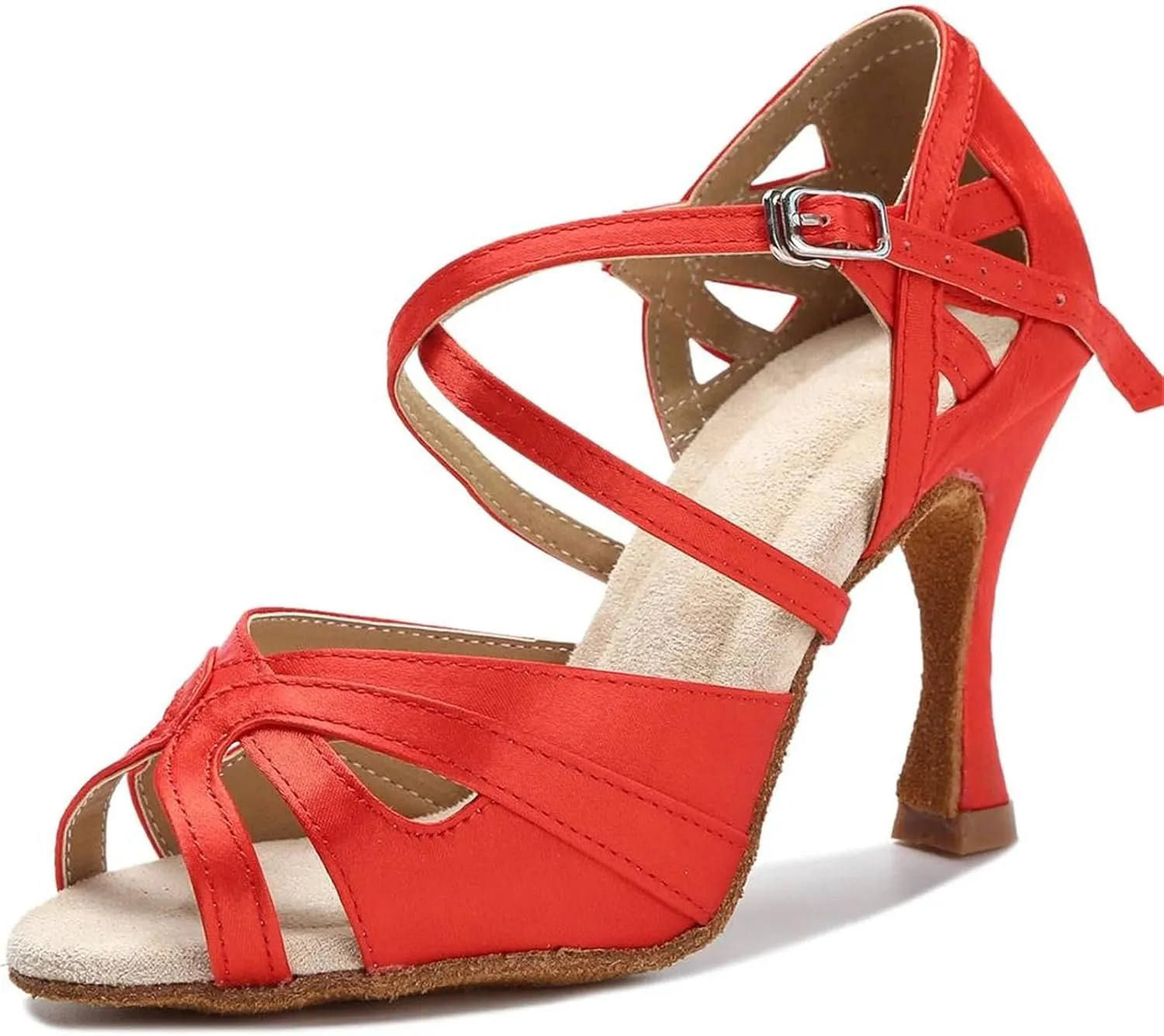 Women's Satin Latin Dance Shoes - Tango Salsa Rumba Ballroom Red Wedding Sandals, 10CM/3.9Inch Heel Height