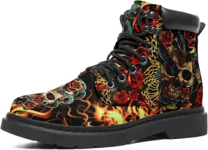 Women's Skulls and Flowers Combat Boot Hippie Vagen Leather Boots Classic Fashion Lace Up Ankle Booties for Men
