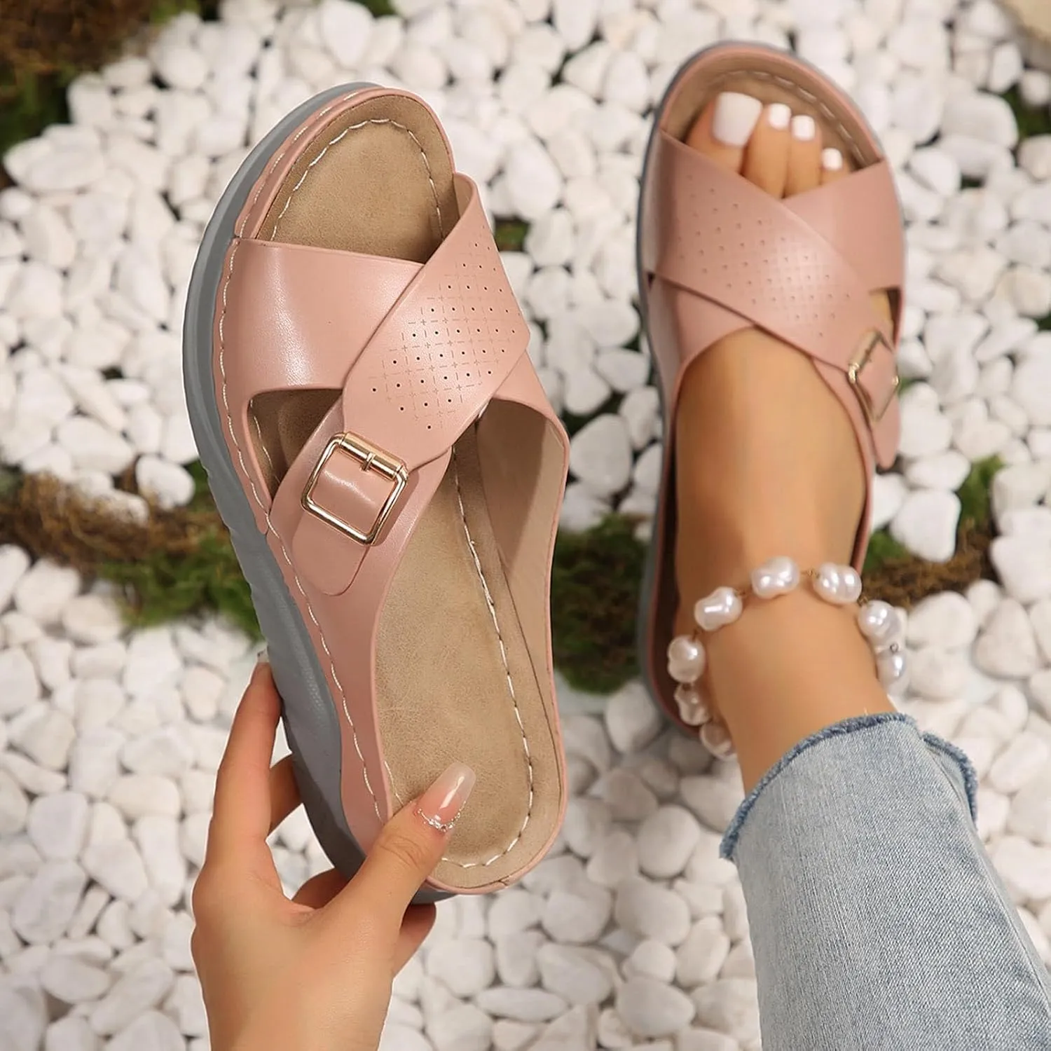 Women's Slide Sandals,2025 Arch Support Wedge Flip Flops Slide Dressy Summer Open Toe Crisscross Straps Slip on Comfortable Slippers Beach Vacation Outdoor Activities Shoes