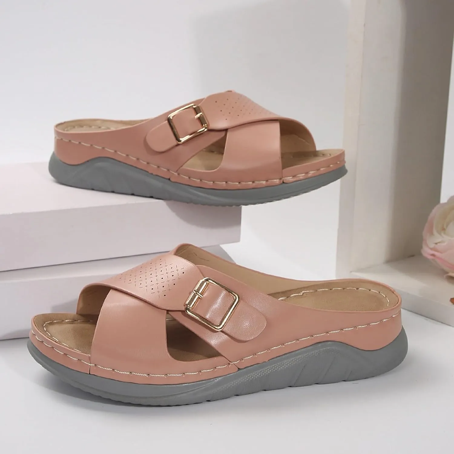 Women's Slide Sandals,2025 Arch Support Wedge Flip Flops Slide Dressy Summer Open Toe Crisscross Straps Slip on Comfortable Slippers Beach Vacation Outdoor Activities Shoes