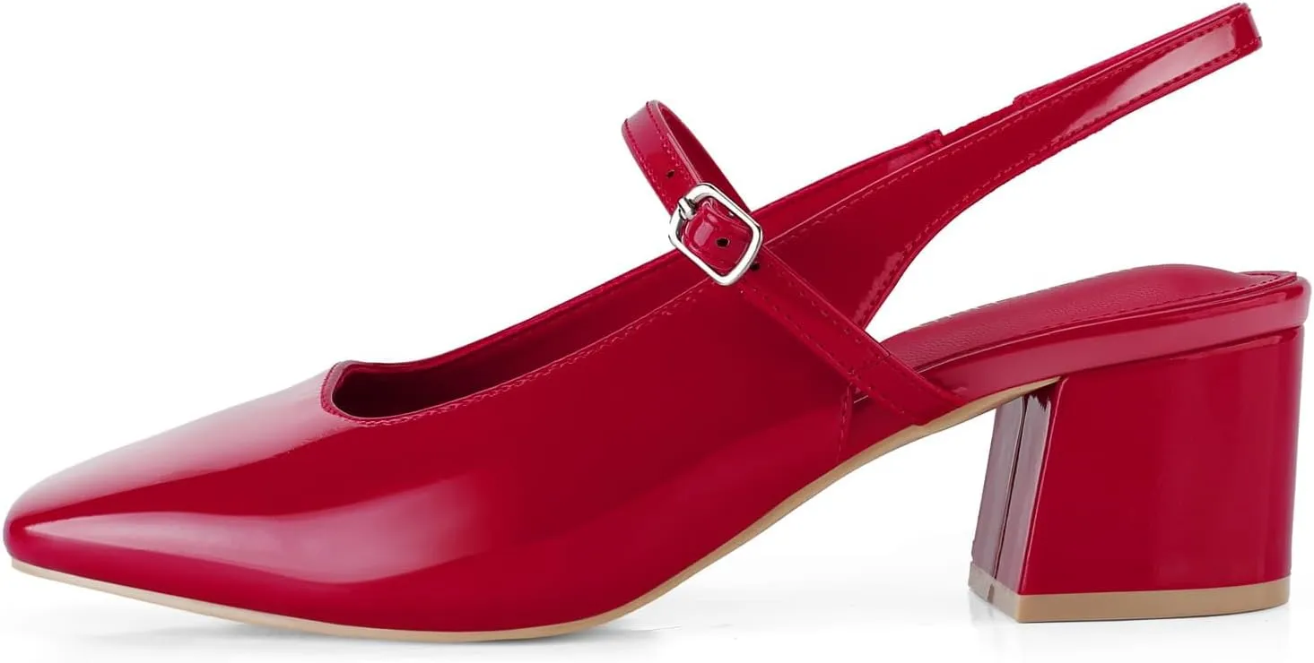 Women's Slingback Heels Low Chunky Heel Buckle Strap Pumps Square Toe Wedding Dress Shoes