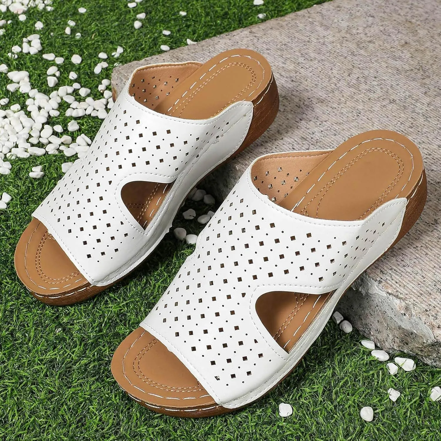 Women's Summer Casual Sandals 2025 Orthopedic Wedge Fish Mouth Hollow Out Fashionable Breathable Comfortable Sandals with Arch Support Slip On Beach Vacation Travel Working Shoes