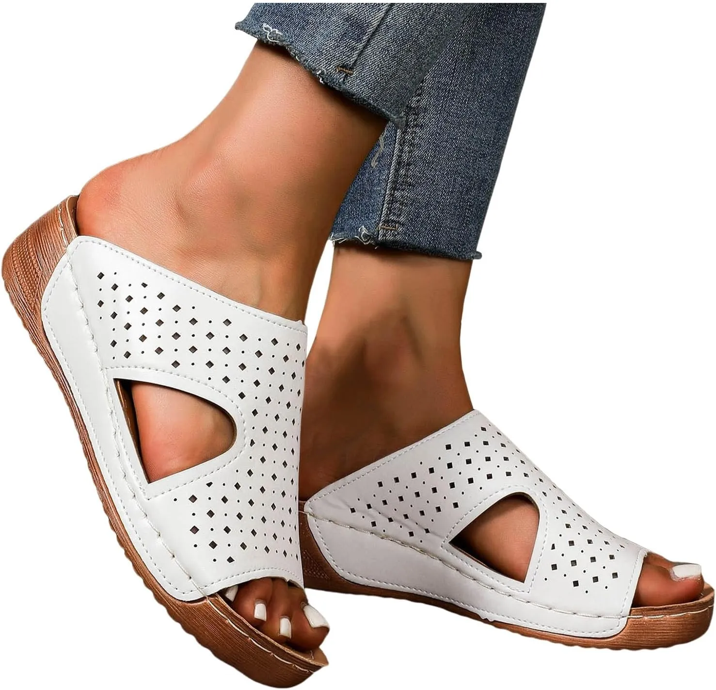 Women's Summer Casual Sandals 2025 Orthopedic Wedge Fish Mouth Hollow Out Fashionable Breathable Comfortable Sandals with Arch Support Slip On Beach Vacation Travel Working Shoes