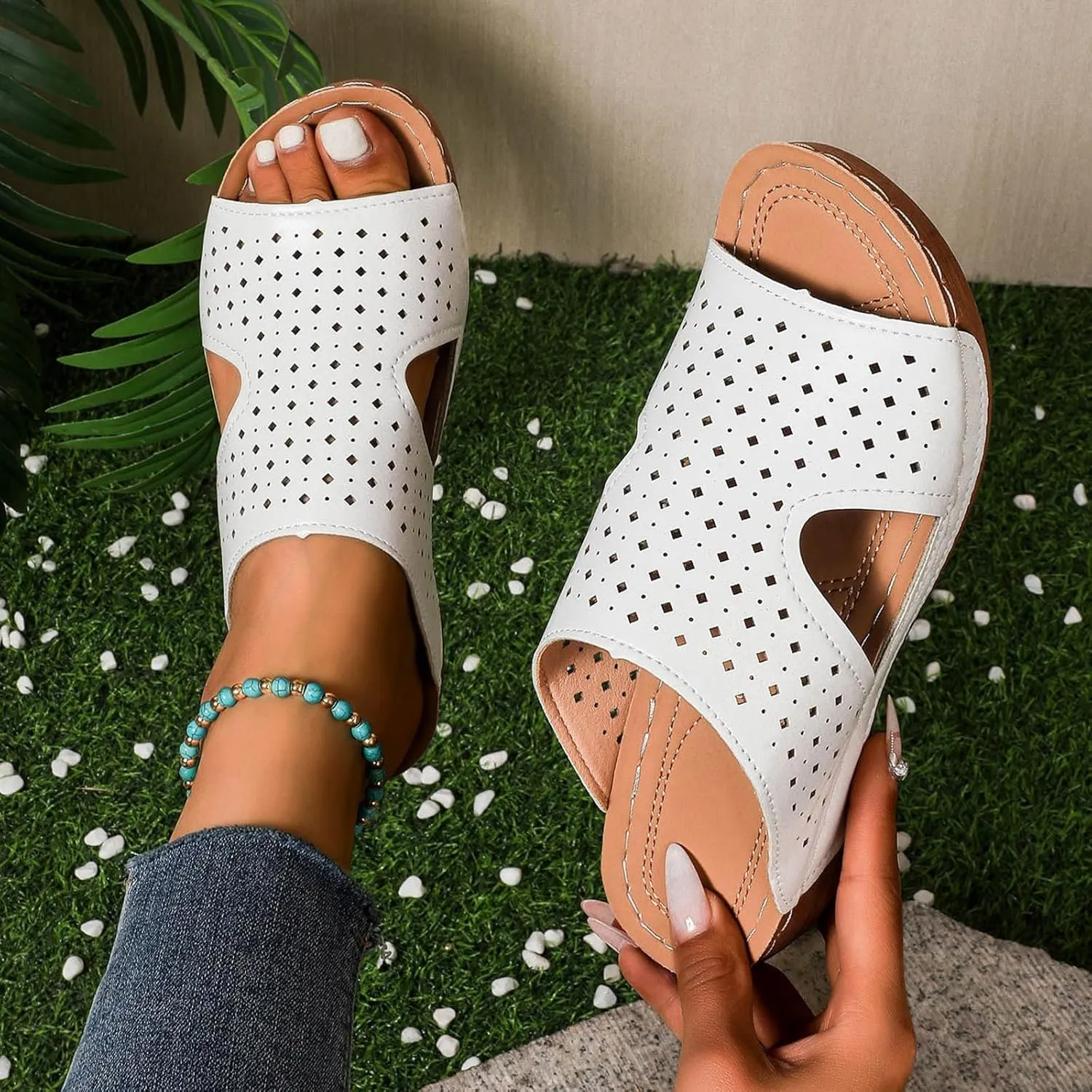 Women's Summer Casual Sandals 2025 Orthopedic Wedge Fish Mouth Hollow Out Fashionable Breathable Comfortable Sandals with Arch Support Slip On Beach Vacation Travel Working Shoes
