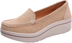 ZSpzx Comfy Platform Loafers for Women Slip On Round Toe Air Cushioned Jogging Shoes Arch Support Orthopedic Non Slip Walking Tennis Sneakers Wedge Boat Shoe Lightweight Footwear