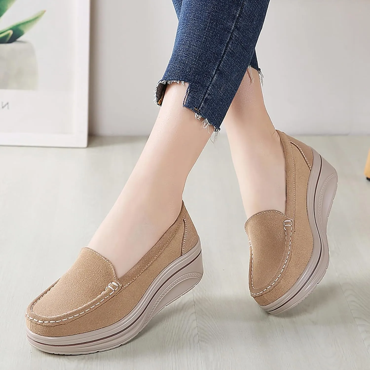 ZSpzx Comfy Platform Loafers for Women Slip On Round Toe Air Cushioned Jogging Shoes Arch Support Orthopedic Non Slip Walking Tennis Sneakers Wedge Boat Shoe Lightweight Footwear