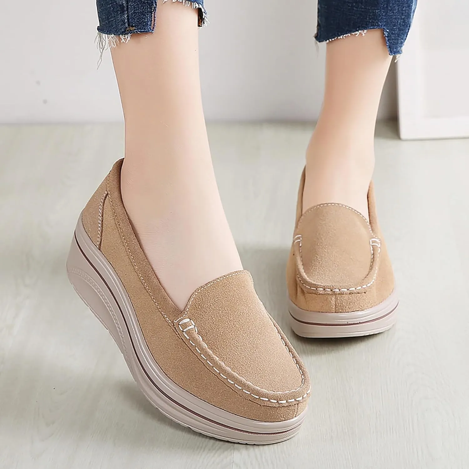 ZSpzx Comfy Platform Loafers for Women Slip On Round Toe Air Cushioned Jogging Shoes Arch Support Orthopedic Non Slip Walking Tennis Sneakers Wedge Boat Shoe Lightweight Footwear